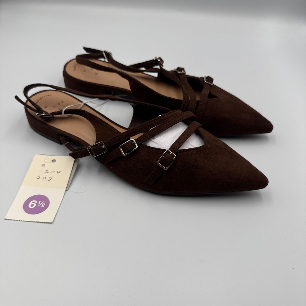 A New Day Brown Faux Suede Multi-Strap Pointed Toe Slingback Flats Size 6.5 NWT